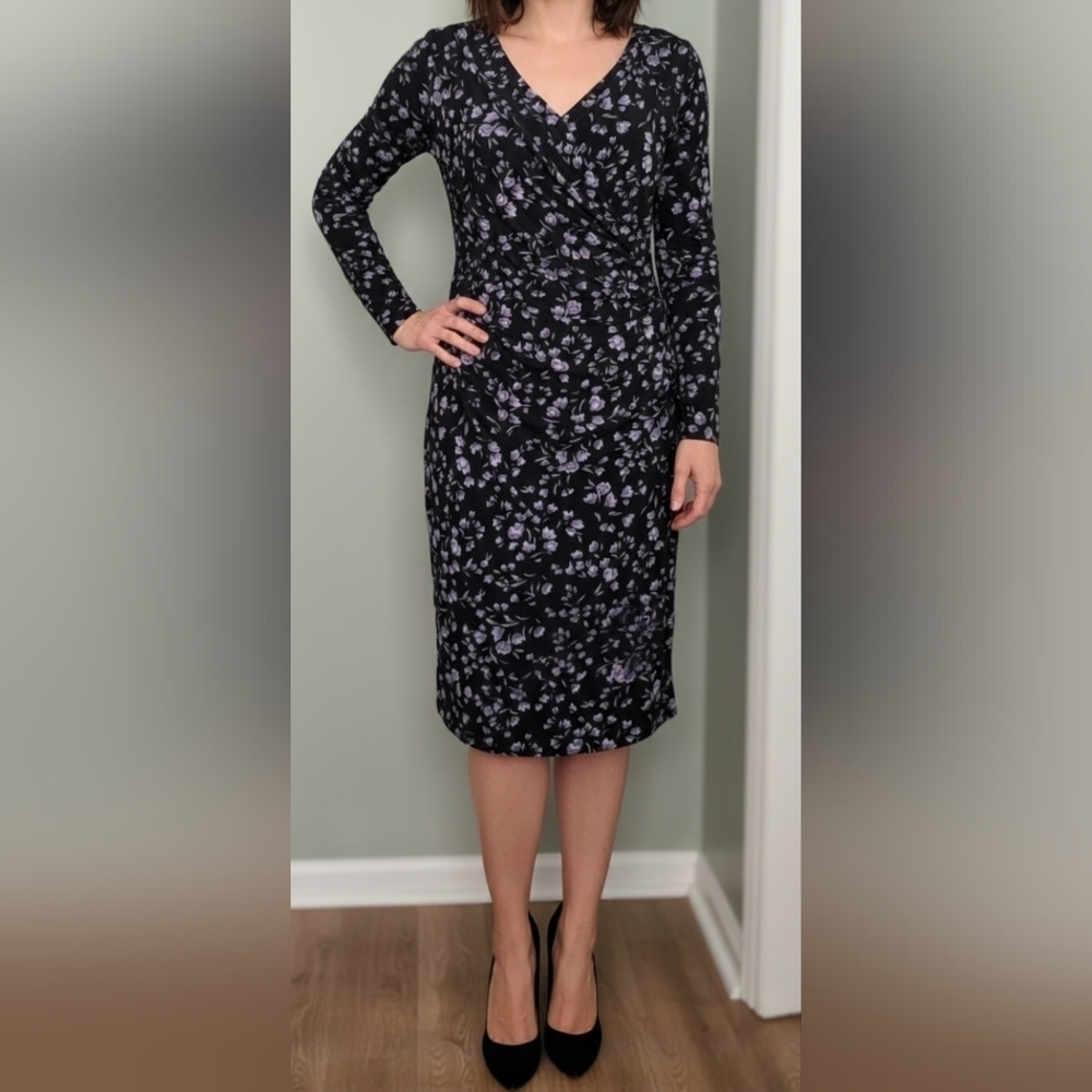 NWOT Black Chaps Floral Ikat Surplice Dress, Lavender Floral Print, Medium